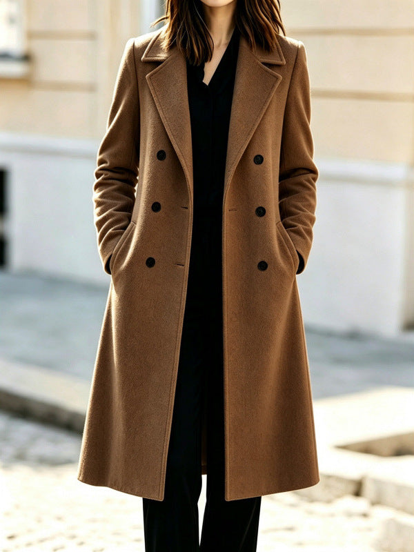 Women's Classic Double-Breasted Wool Blend Coat with Contoured Waist Chichicherry