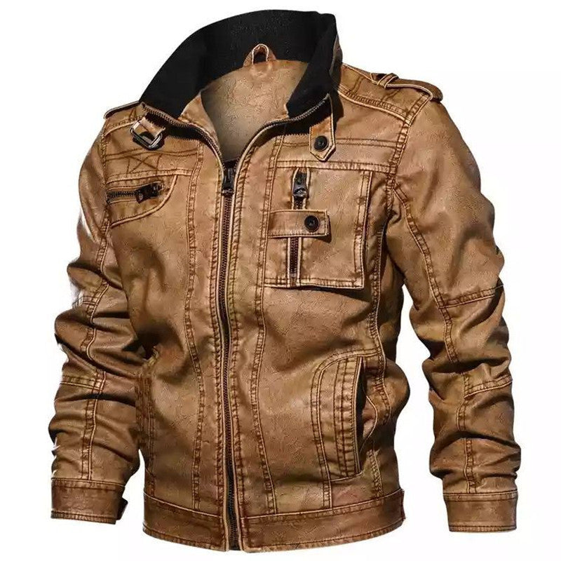 Men's biker jacket made of synthetic leather with stand-up collar, striking decorative seams, and multiple pocket details Chichicherry