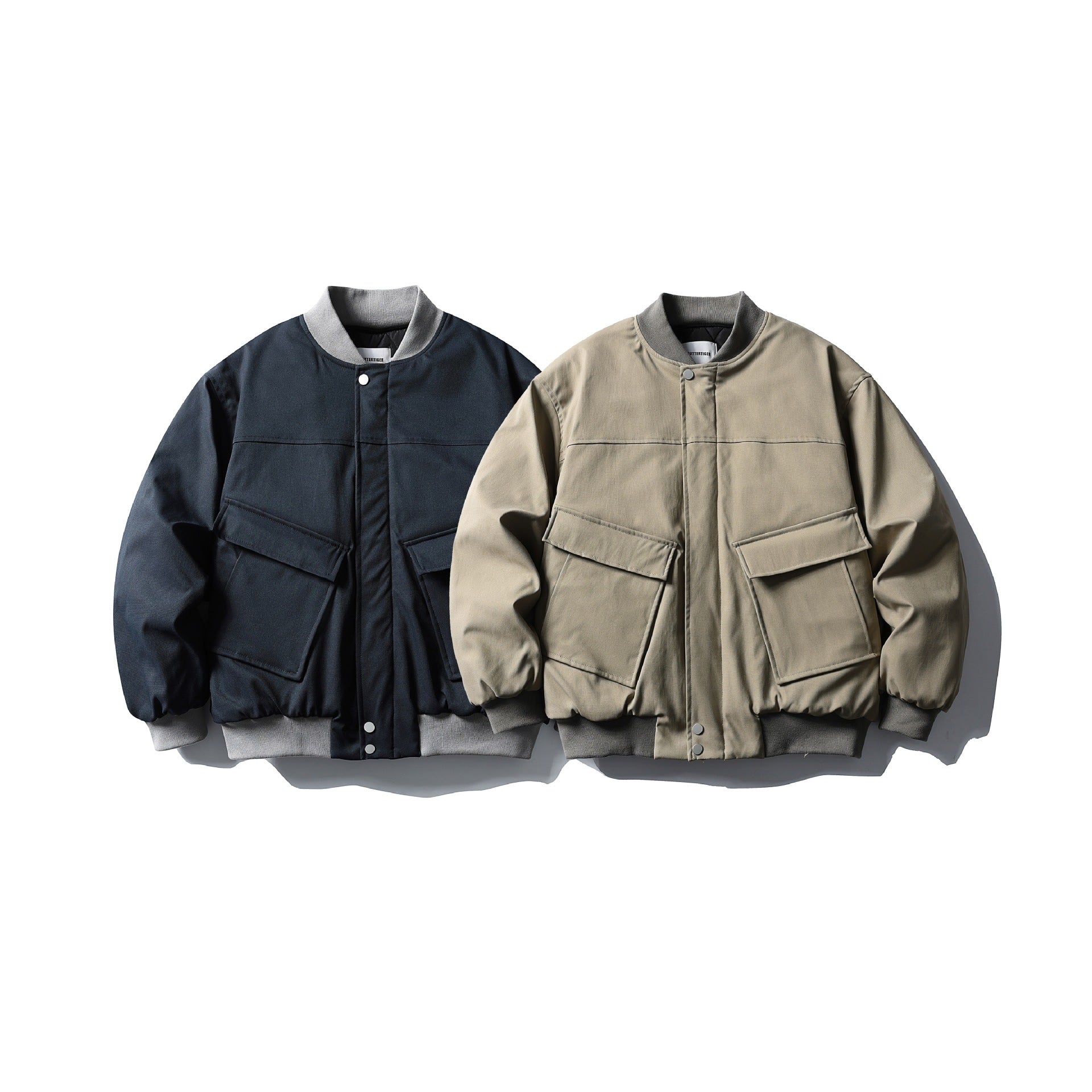 Unisex Short Boxy Quilted Bomber Jacket in Utility Look with Ribbed Collar Chichicherry