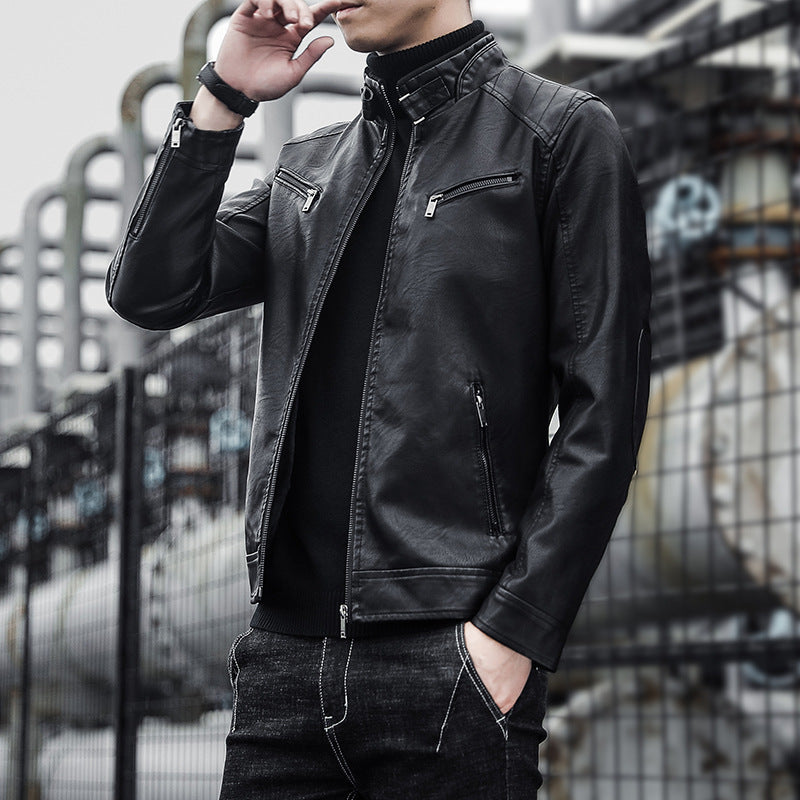 Men's Faux Leather Pilot Jacket with Stand-Up Collar and Zipper Pockets Chichicherry
