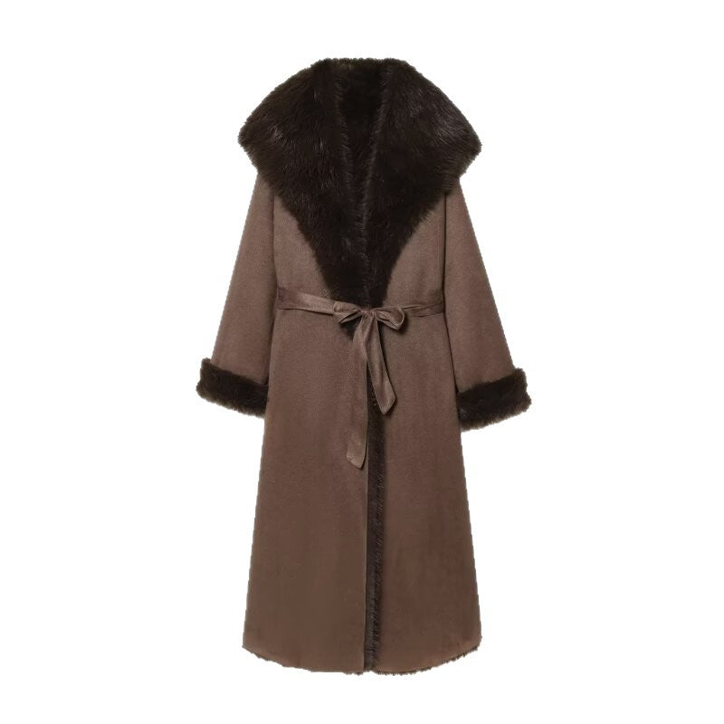 Women's Long Sheepskin Look Coat with Hood, Tie Belt and Faux Fur Trim Chichicherry