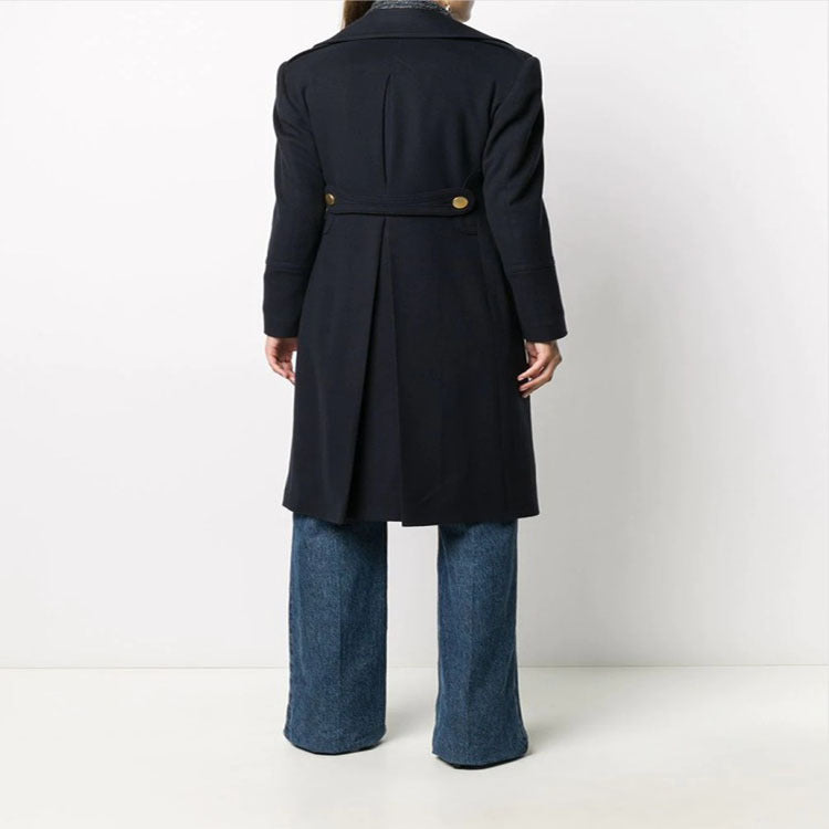 Women Tailored Double-Breasted Coat with Wide Lapels and Gold Decorative Buttons Chichicherry