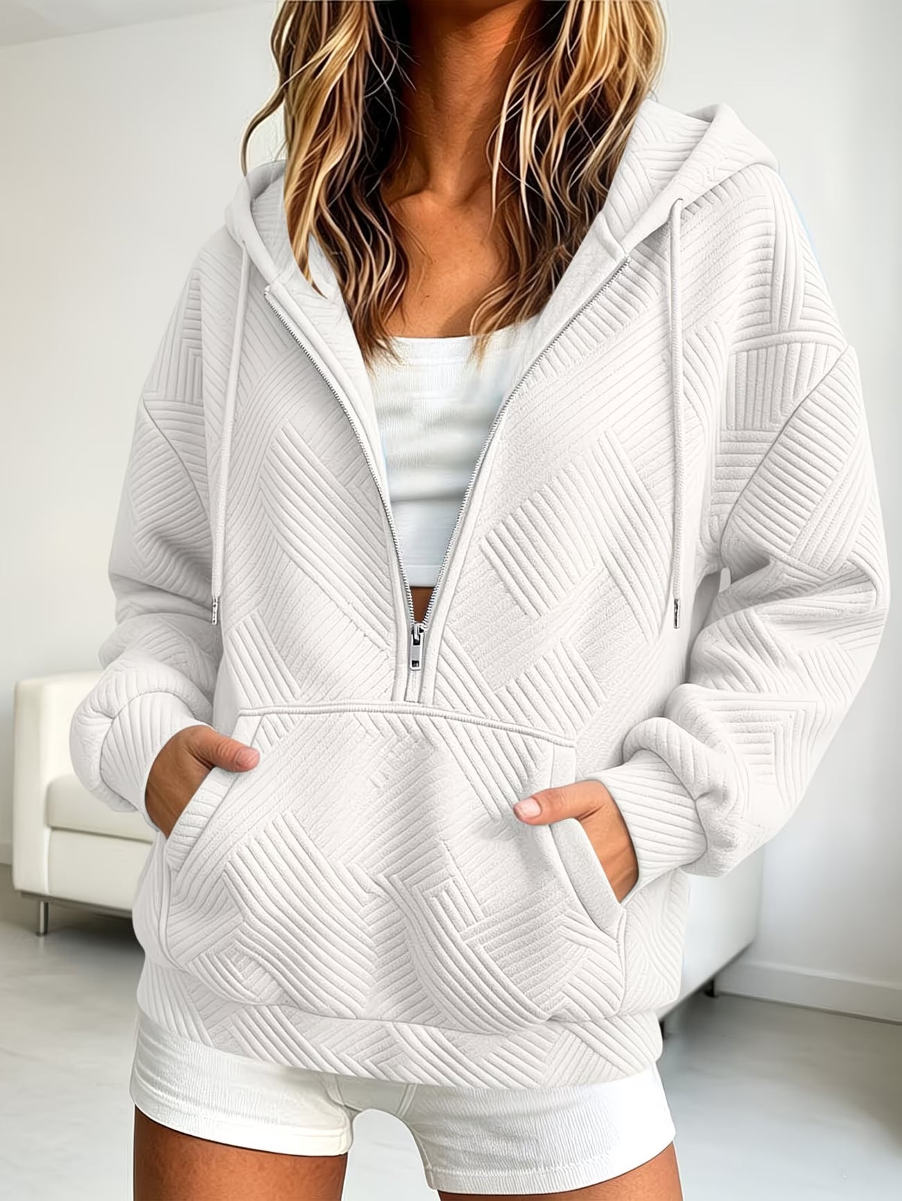 Women's Quilted Half-Zip Hoodie with Geometric Quilted Texture Chichicherry