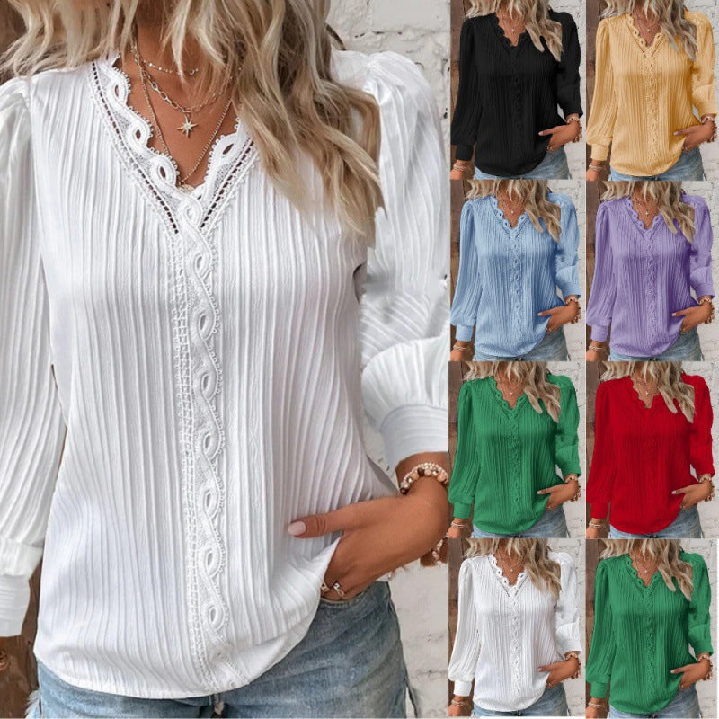 Women Pleated V-Neck Blouse with Lace Trim and Balloon Sleeves Chichicherry