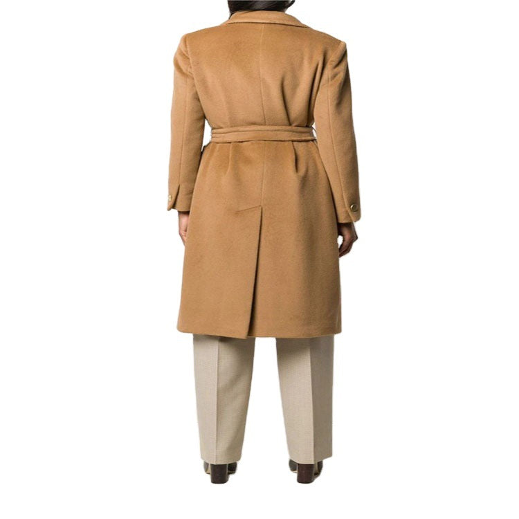 Women's mid-length noble wool blend coat in double-breasted style with contoured waist belt Chichicherry