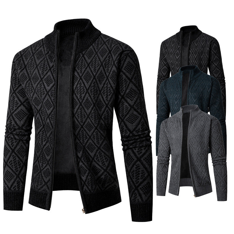 Men's knit zip jacket with diamond jacquard, standing collar and two-way zipper Chichicherry