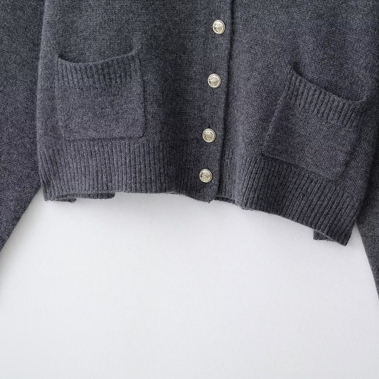 Women's Plus Size Wool Blend Cardigan with V-Neck, Gold Decorative Buttons and Flap Pockets Chichicherry