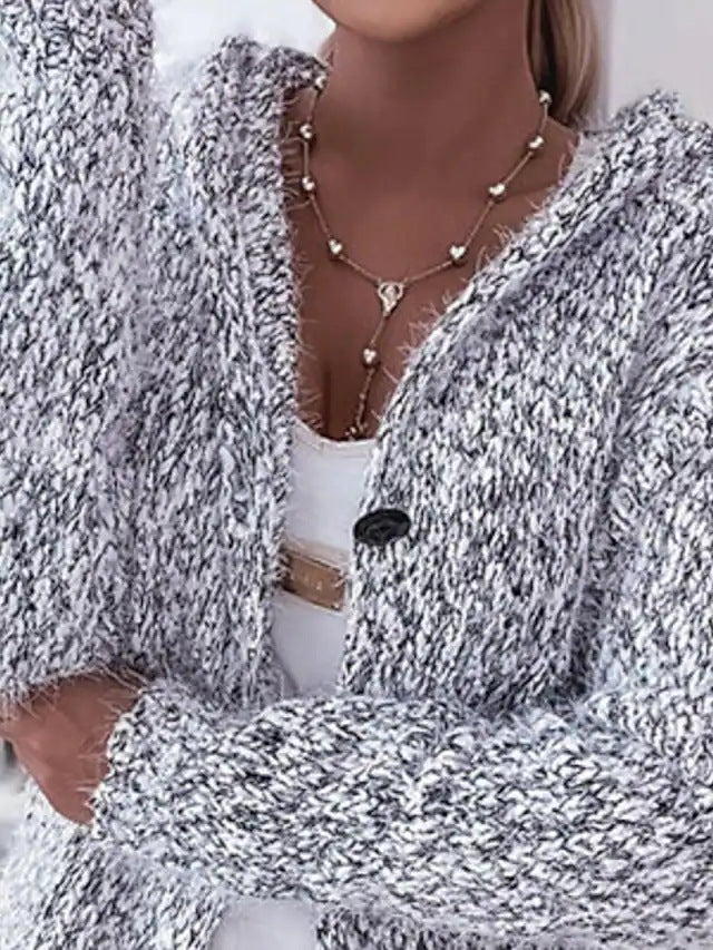 Women Longer Mélange Cozy Cardigan with Hood, Horn Button and Pockets Chichicherry