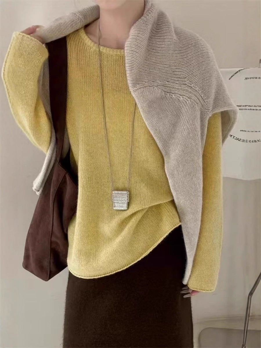 Women Light Oversized Fine Knit Sweater with Round Neck, Subtle Sheer Effect and Rounded Hem Chichicherry