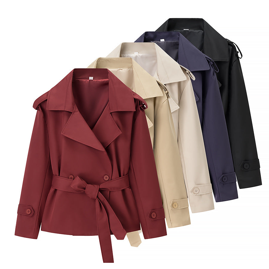 Women's Short Cut Tailored Trench Coat with Tie Belt and Epaulettes Chichicherry
