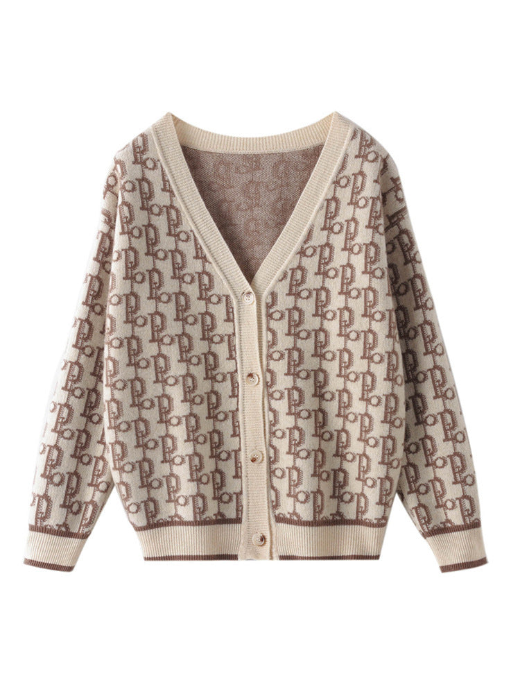 Women's Patterned Jacquard Knitted Cardigan with V-Neck and Pearl Buttons Chichicherry