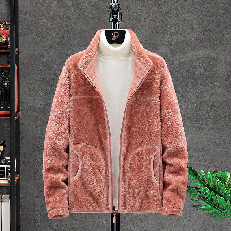 Women Cozy Fleece Jacket with Teddy Lining, Stand Collar and Two Zip Pockets Chichicherry