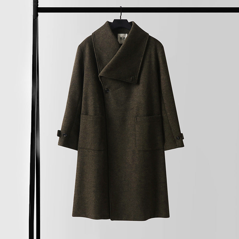 Women Maxi Length Wool Blend Coat with Oversized Shawl Collar and Patch Pockets Chichicherry