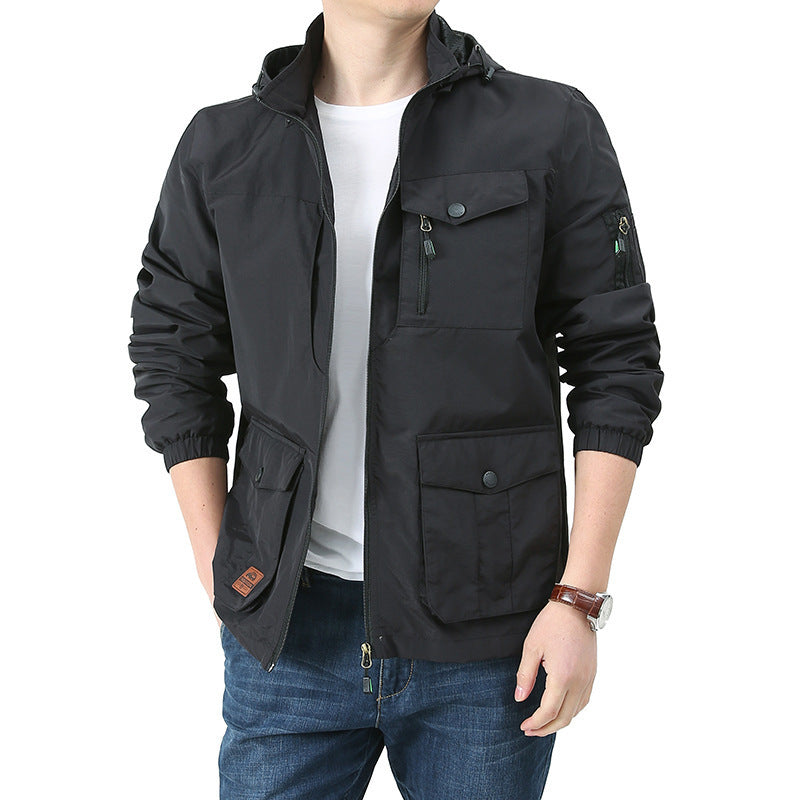 Men's water-repellent hooded canvas field jacket with concealed two-way zipper, elastic sleeve cuffs, and utility patch pockets Chichicherry