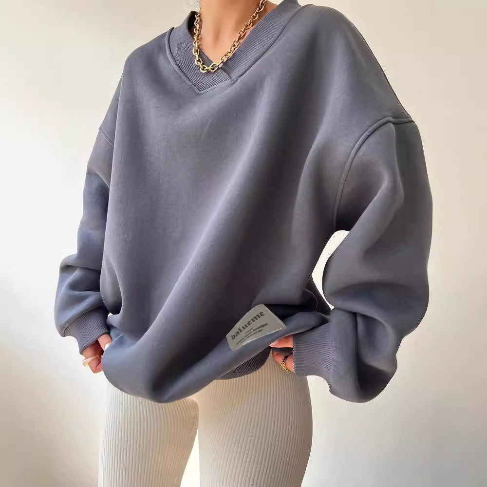 Damen Oversized Sweatshirt mit V-Ausschnitt und geripptem Kragen Chichicherry