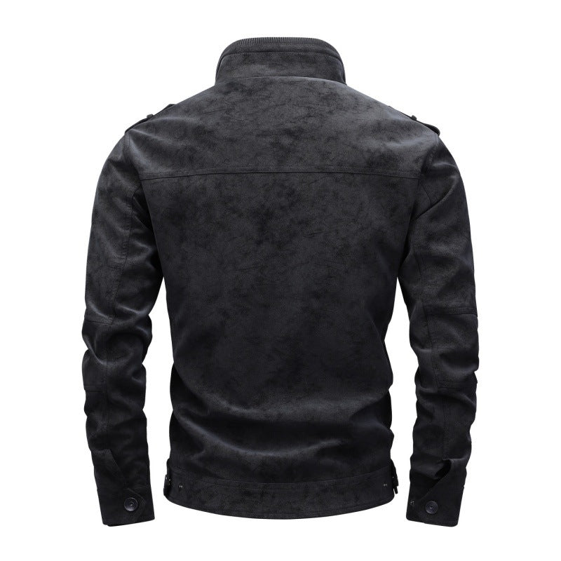Men's Utility Flight Jacket in Suede Look with Stand Collar, Epaulettes and Multiple Pockets Chichicherry