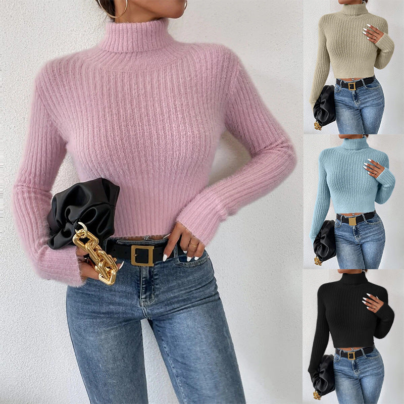 Women's Short Ribbed Turtleneck Sweater with Fluffy Mohair Look Chichicherry