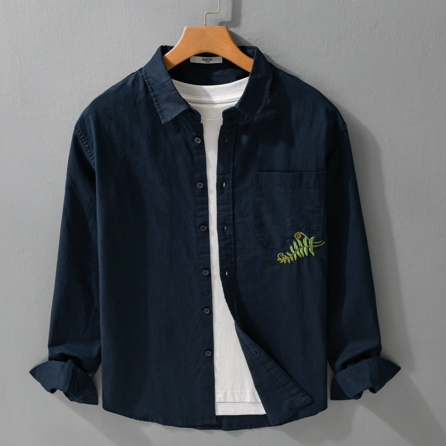 Men's Lightweight Cotton Shirt with Patch Chest Pocket and Fern Embroidery Chichicherry