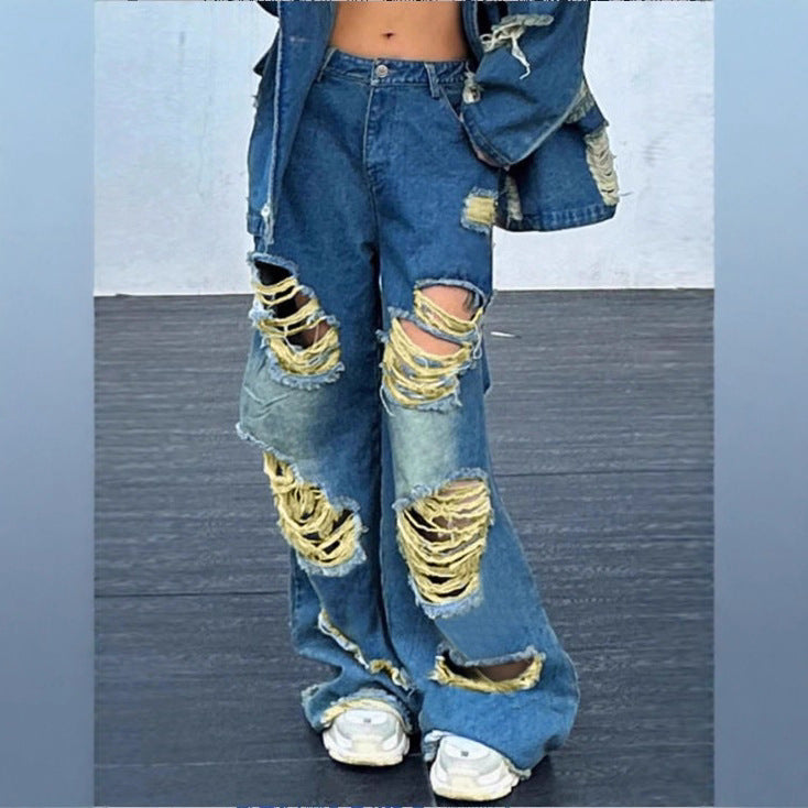 Women's wide Destroyed-Denim-Jeans with Neon Fringe Application Chichicherry