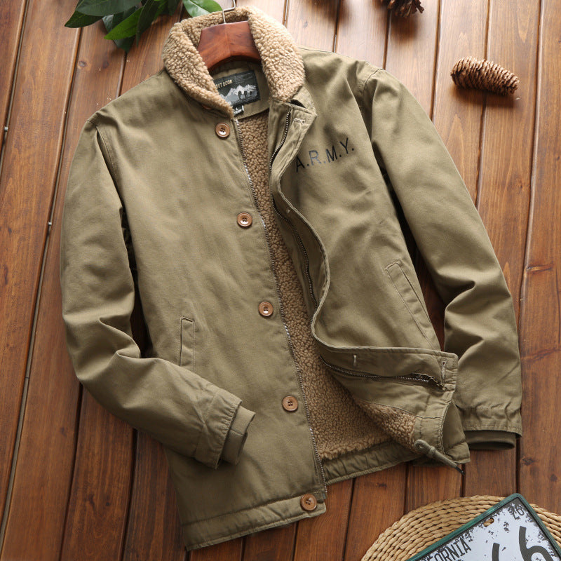 Men's vintage-inspired canvas bomber jacket with voluminous Sherpa lining, dual front opening, and reinforced pockets Chichicherry