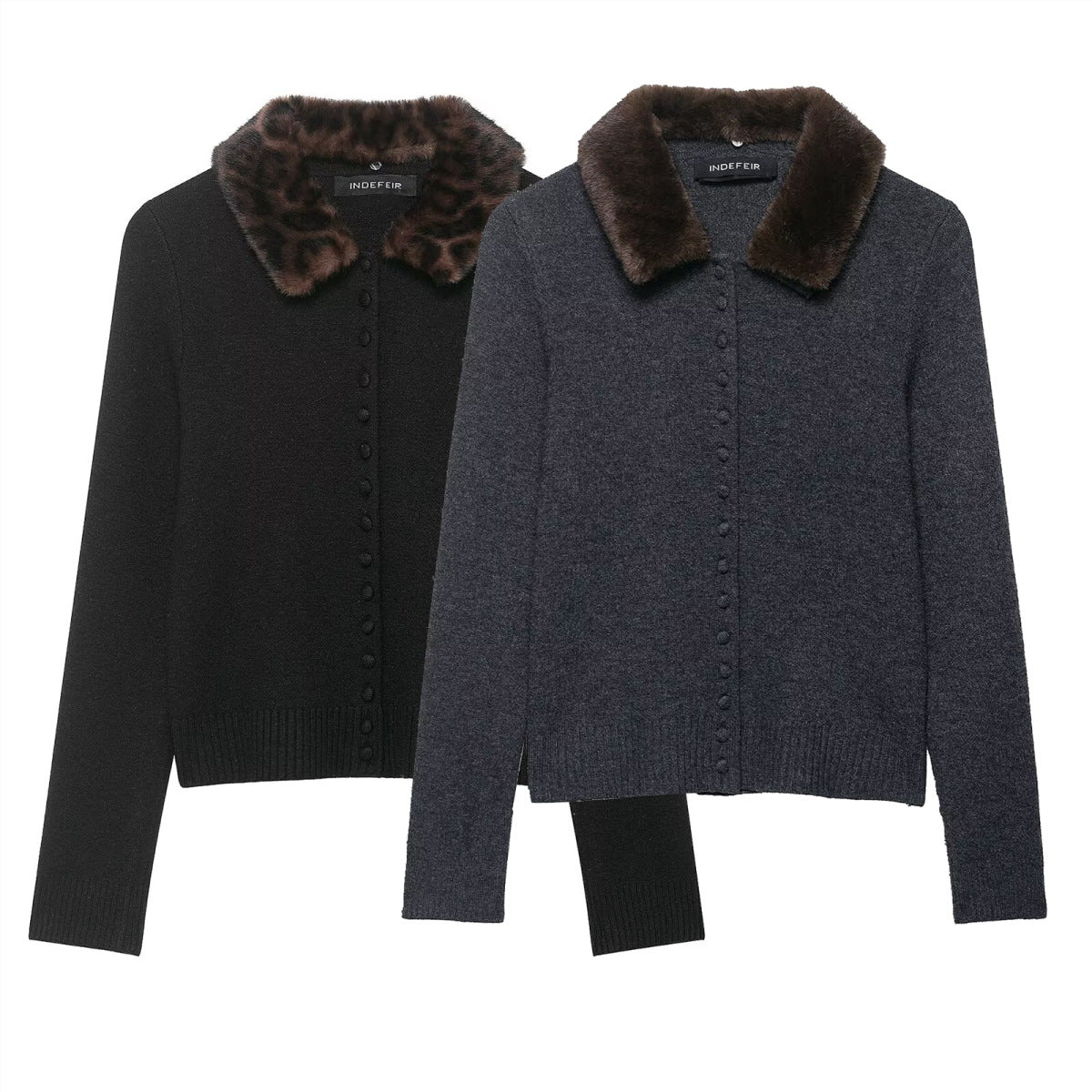 Women's fine-knit cardigan with faux fur collar and concealed button placket Chichicherry