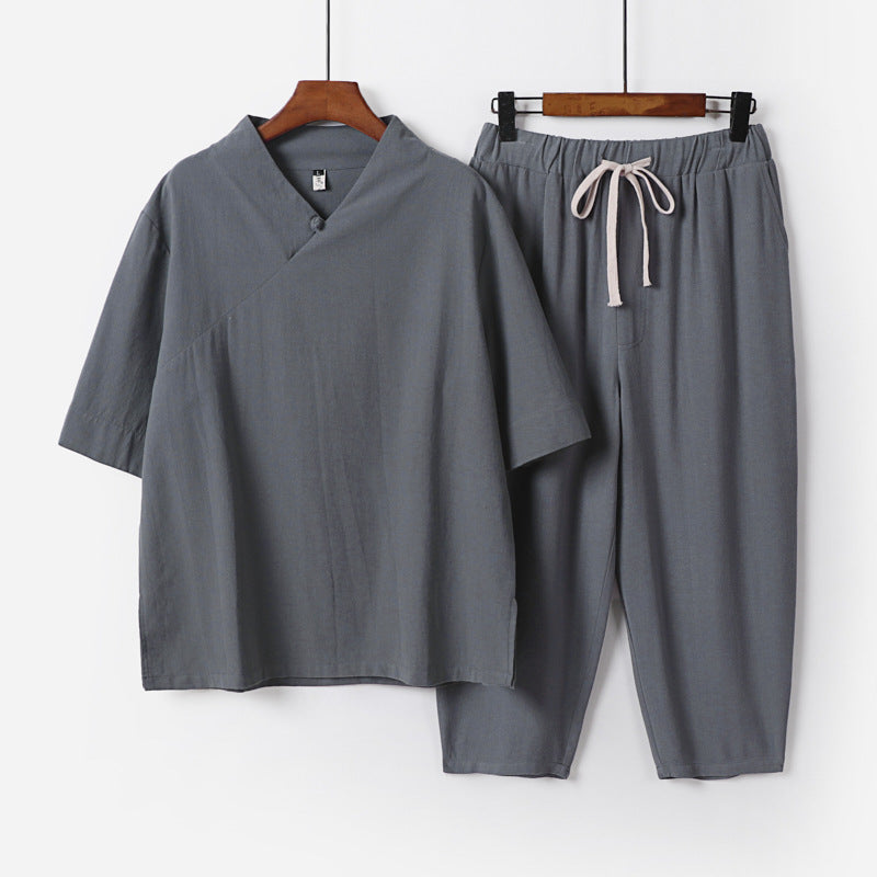 Men's Breathable Linen-Cotton Lounge Set with Asymmetrical V-Neck and Elastic Cord Pants Chichicherry