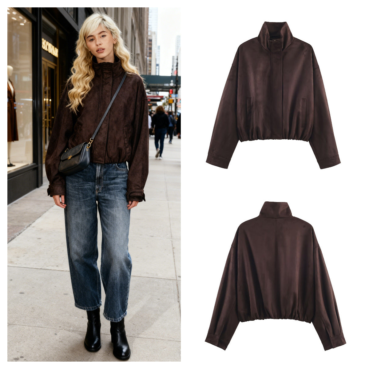 Women's Short Oversized Suede-Look Bomber Jacket with Stand-Up Collar and Elastic Hem Chichicherry