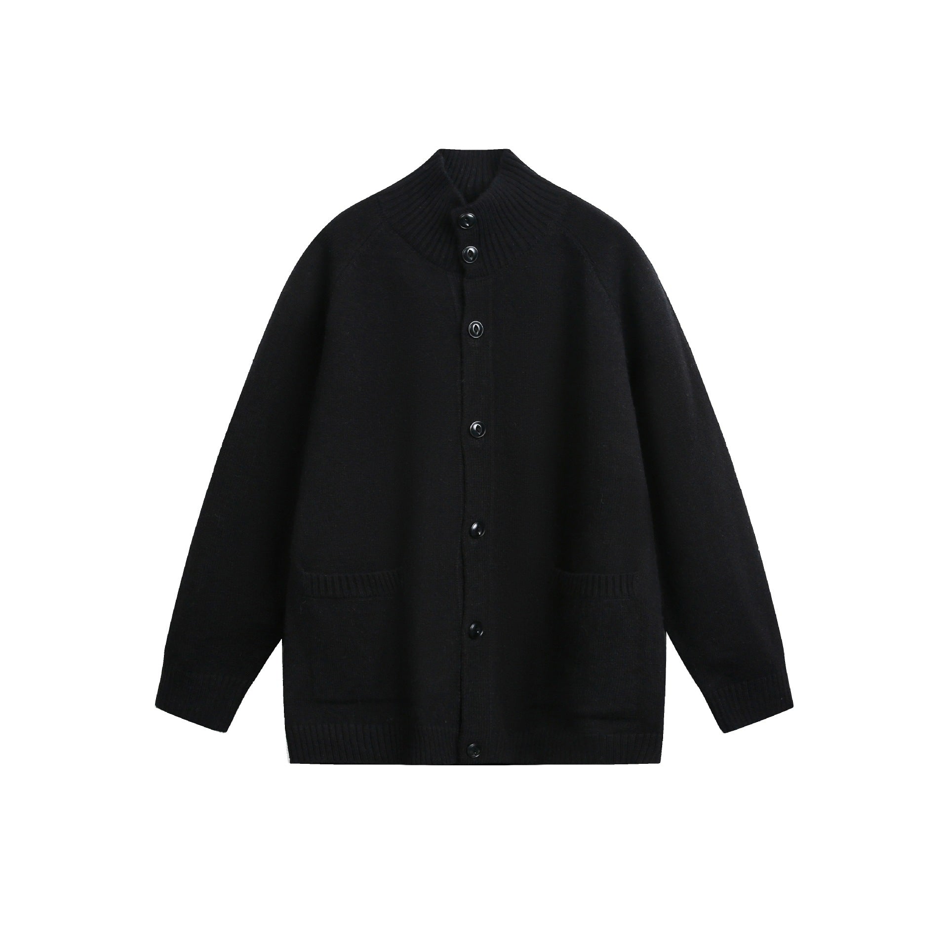 Unisex cardigan jacket with high ribbed collar, continuous button placket and side pockets Chichicherry