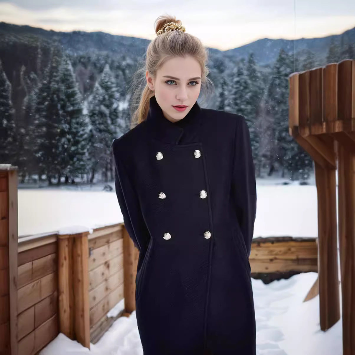 Women's Double-Breasted Coat with Stand-Up Collar and Decorative Buttons Chichicherry