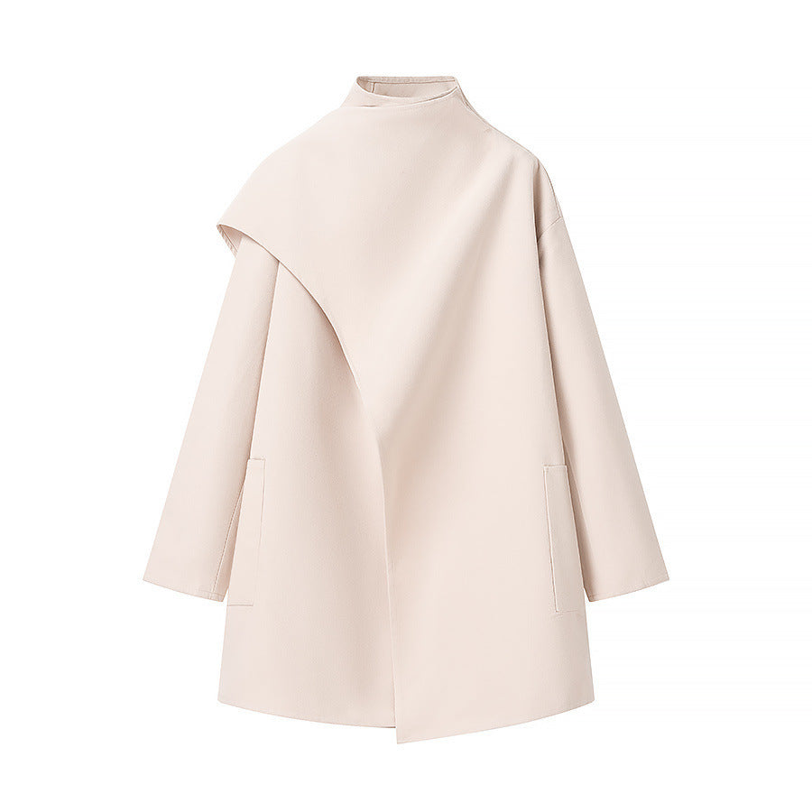 Women's oversized coat with stand-up collar, asymmetrical overlay, and patch pocket Chichicherry