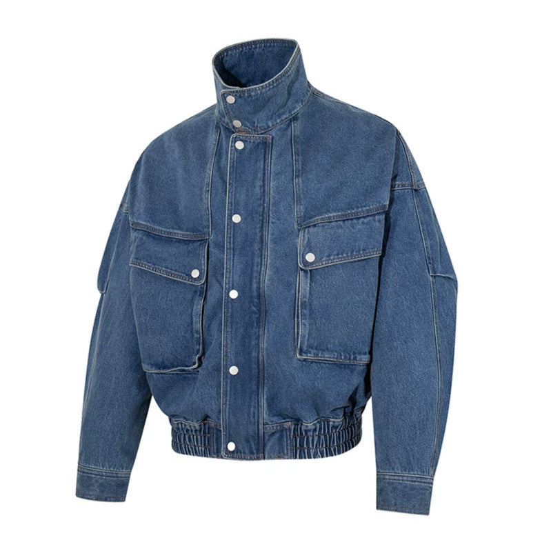 Women's Oversized Denim Jacket with Stand-up Collar, Press Stud Placket and Patch Cargo Pockets Chichicherry