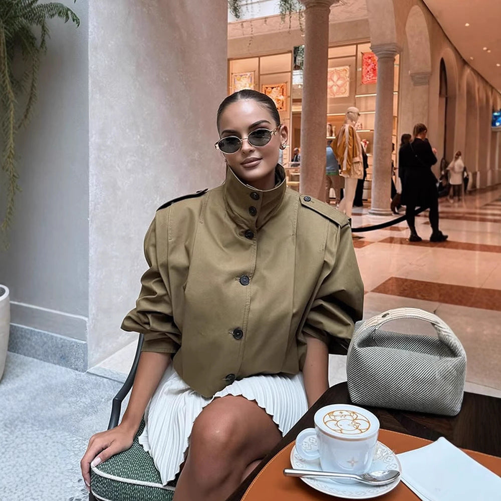 Women Cropped Trench Coat with boxy silhouette, epaulettes and pleat details Chichicherry