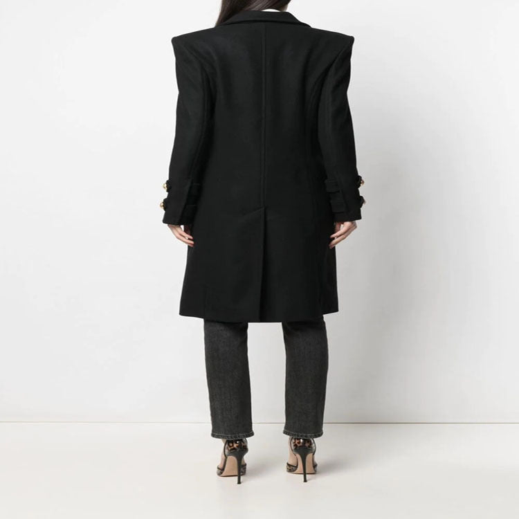 Ladies Elegant Wool Blend Long Coat in Marine Inspired Double Breasted with Oversized Shawl Collar and Decorative Sleeves Chichicherry