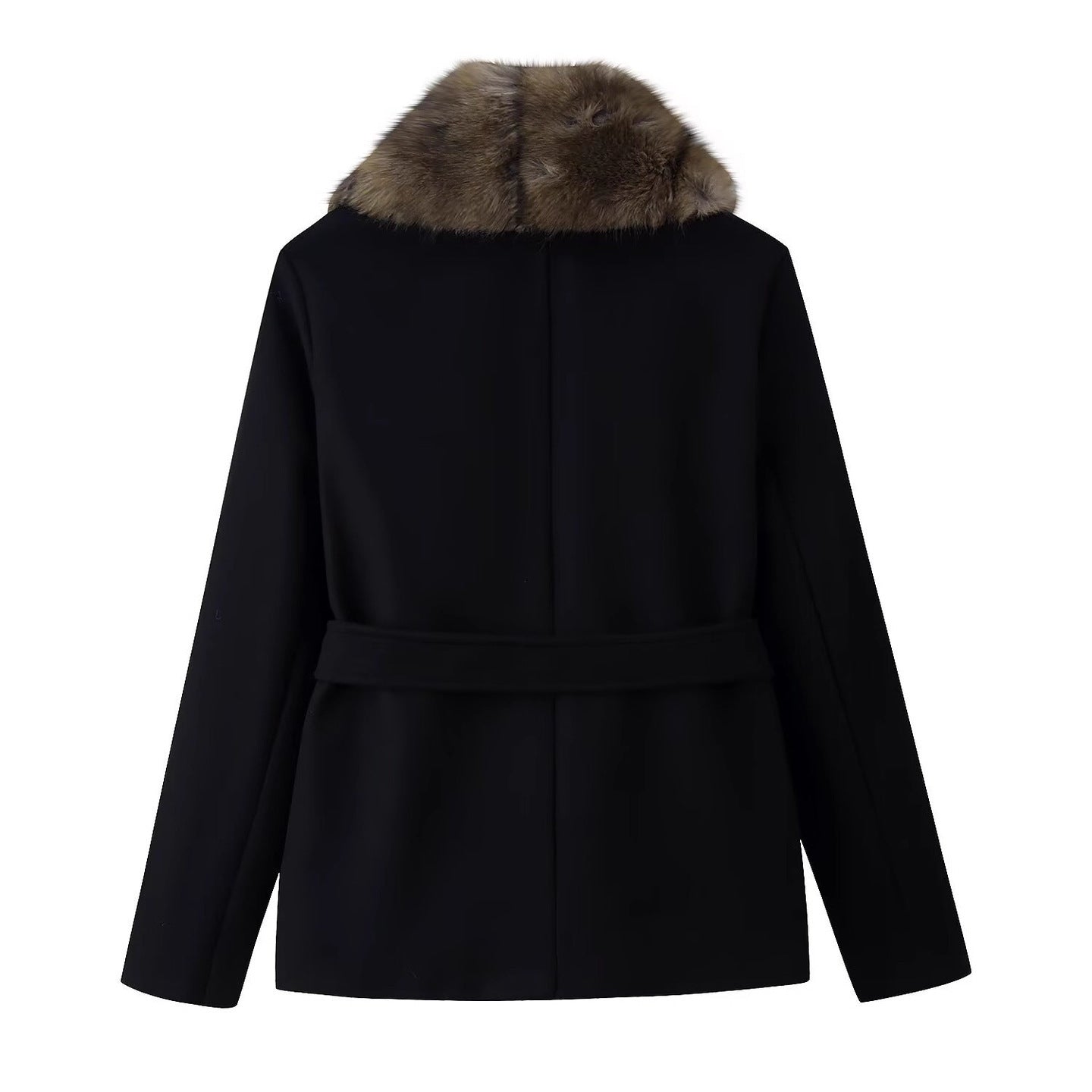 Women's Short Wool Blend Coat with Removable Faux Fur Shawl Collar and Waist Belt Chichicherry