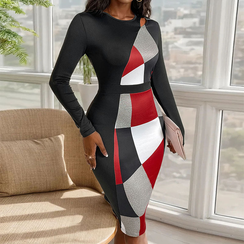 Women's Figure-Hugging Midi Dress with Graphic Color Block Pattern, Cut-Out Shoulder and Tailored Silhouette Chichicherry
