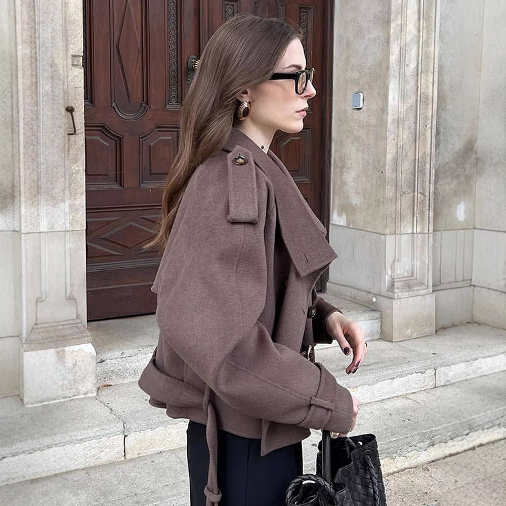 Women's Short Double-Breasted Wool Blend Peacoat with Dropped Shoulders and Epaulettes Chichicherry
