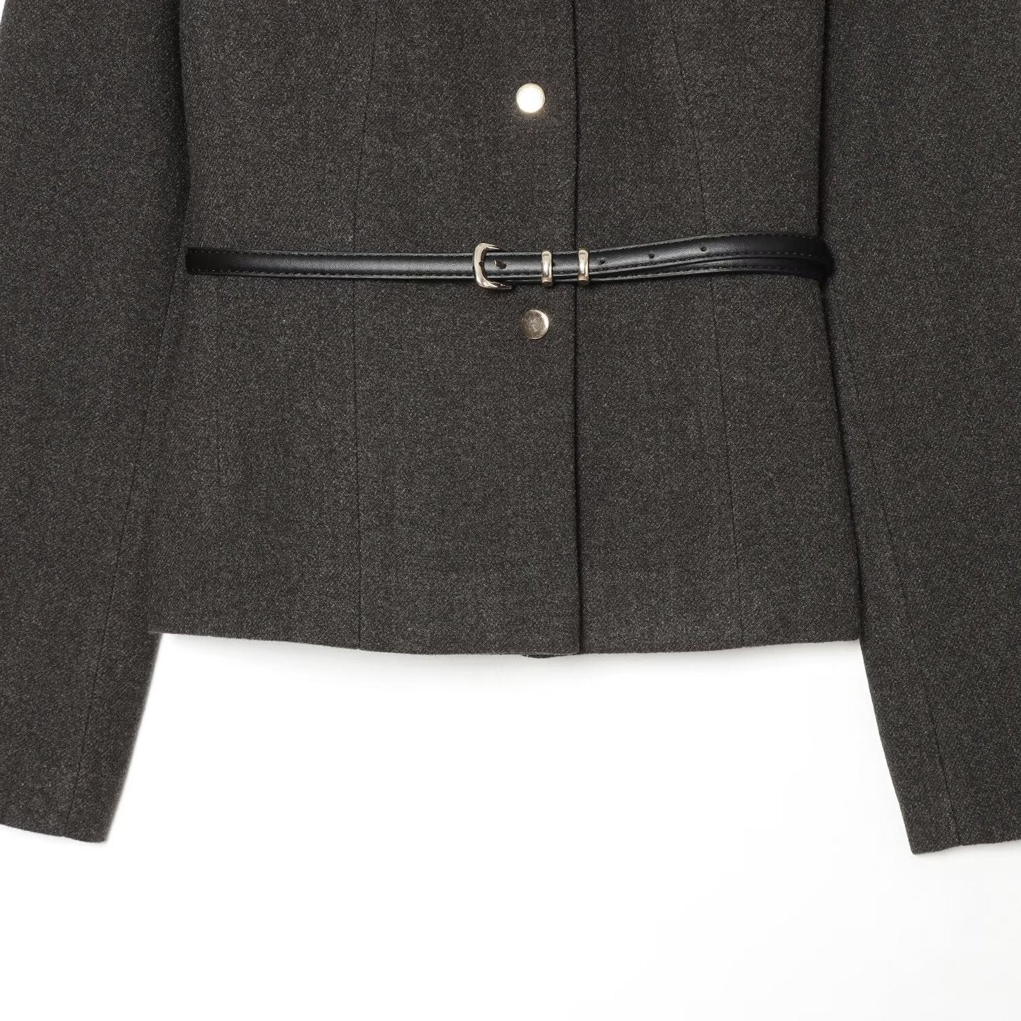 Women's short jacket made of wool blend with round neck, snap button closure and narrow waist belt Chichicherry