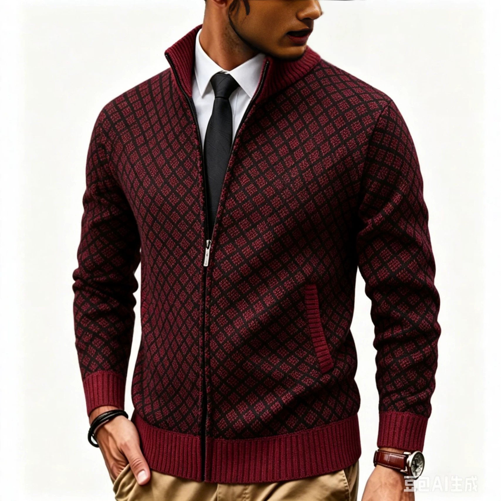 Men's Structured Cardigan with Stand-up Collar and Diamond Jacquard Chichicherry