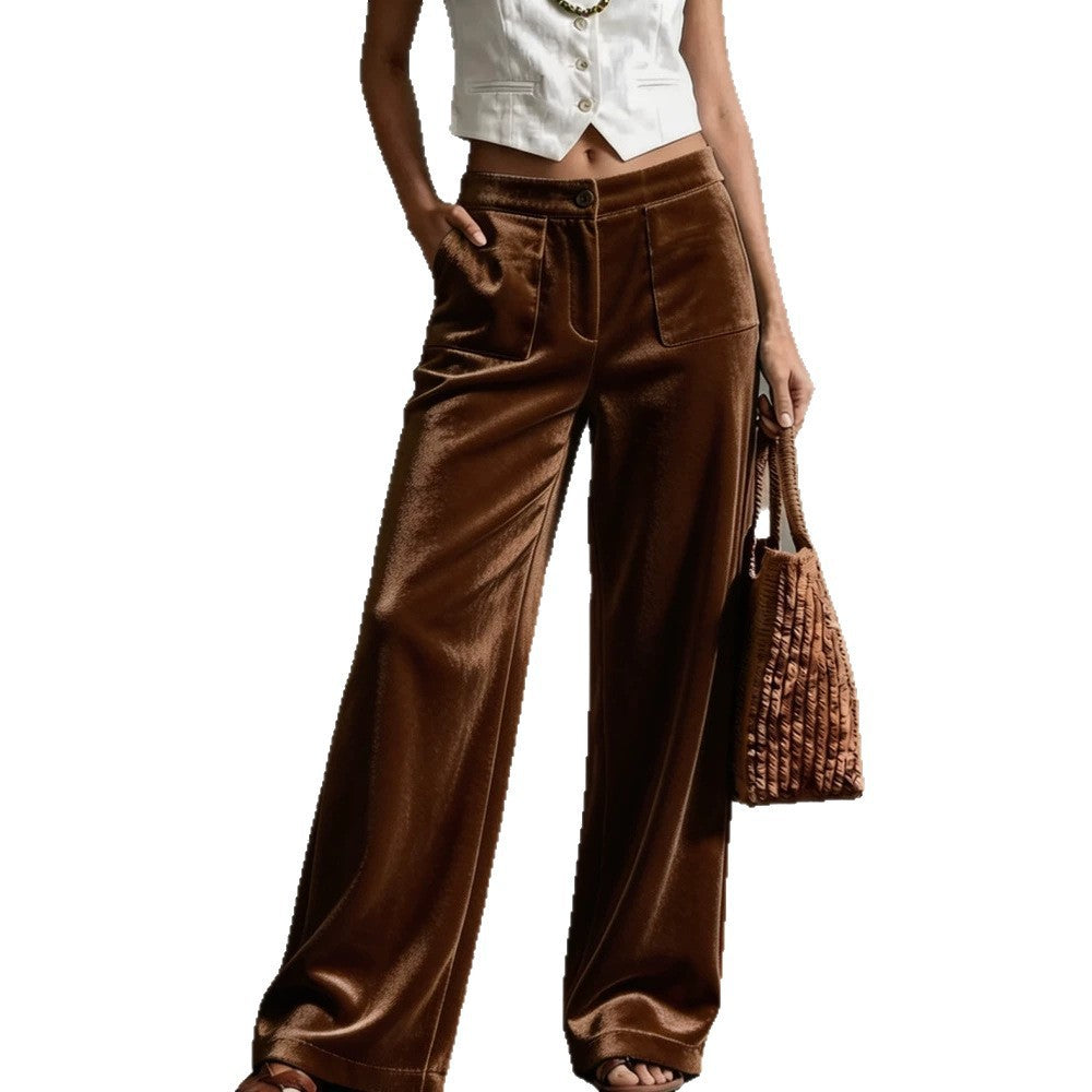Women Wide Velvet Palazzo Pants with High Waist and Patch Pockets Chichicherry