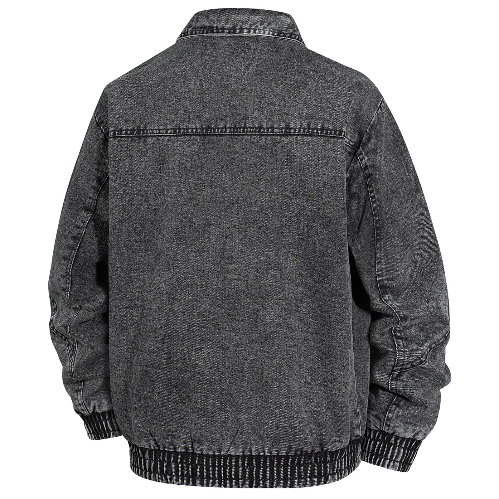Men's Oversized Jeans Bomber Jacket with Stone Wash, Zipper and Ribbed Hem Chichicherry