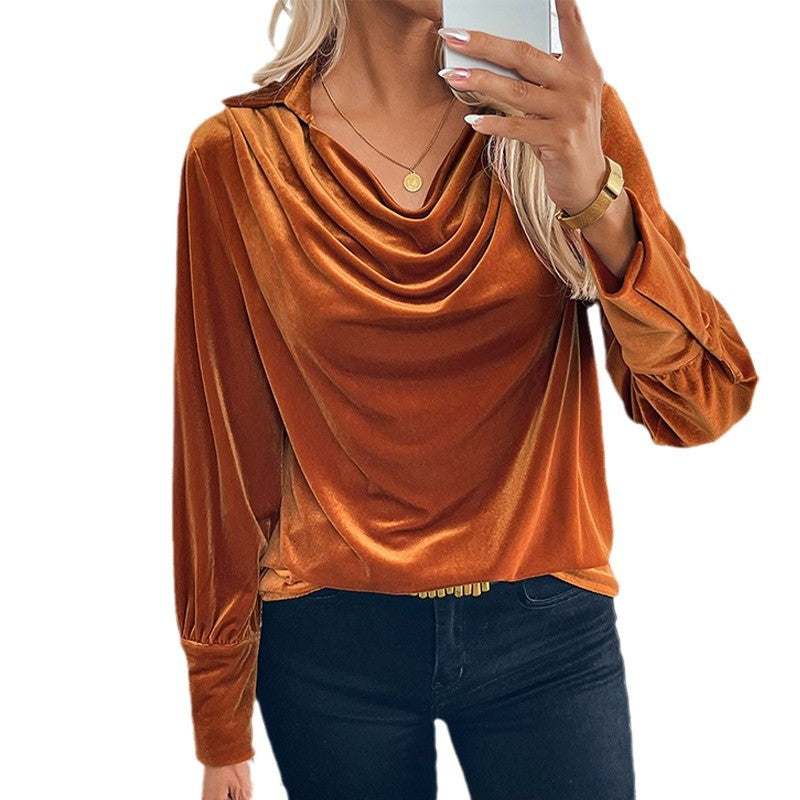 Women's velvet blouse with waterfall draping, shirt collar, and balloon sleeves Chichicherry