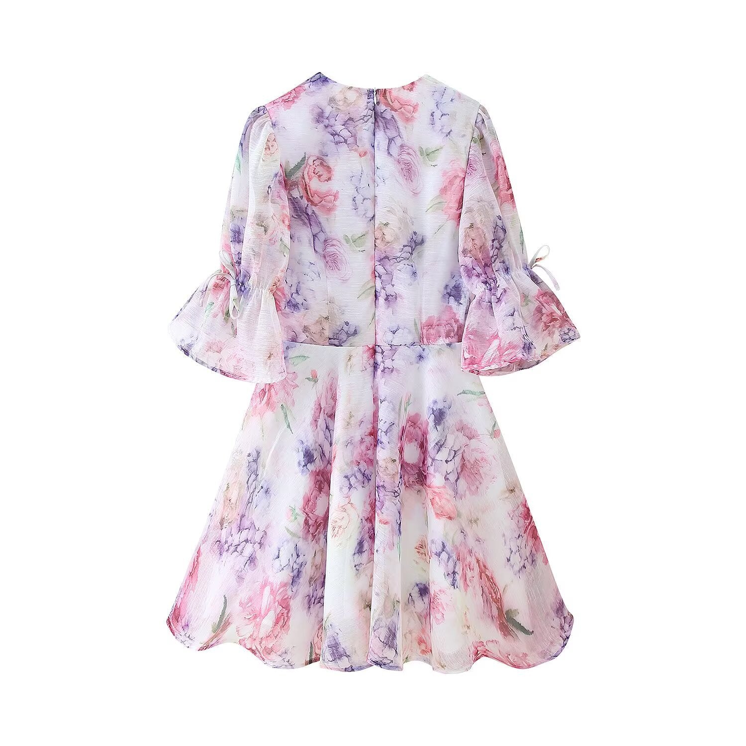 Ladies Romantic Pleated Chiffon Mini Dress with Deep V-Neck and Ruffle Puff Sleeves Chichicherry
