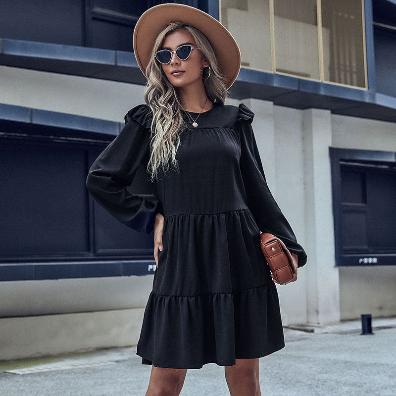 Women's Tiered Mini Dress with Ruffled Shoulders and Long Sleeve Chichicherry