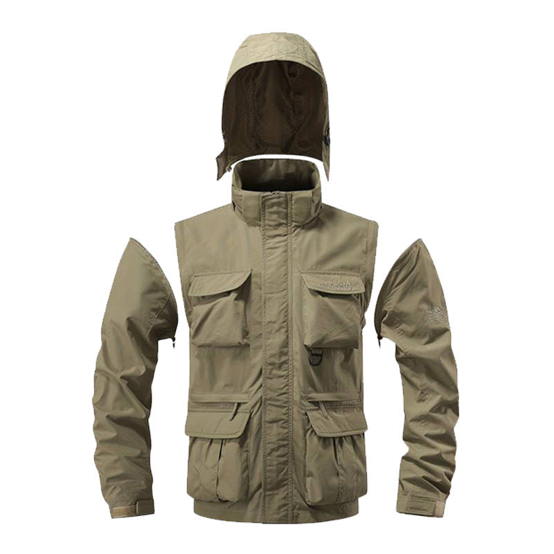 Men's multifunctional field jacket with hood, water-repellent shell, and organizer pockets Chichicherry
