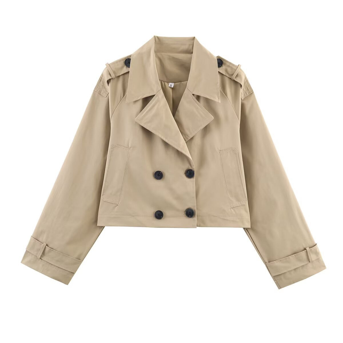 Women's Cropped Double-Breasted Trench Coat with Wide Lapels, Epaulettes and Boxy Cut Chichicherry