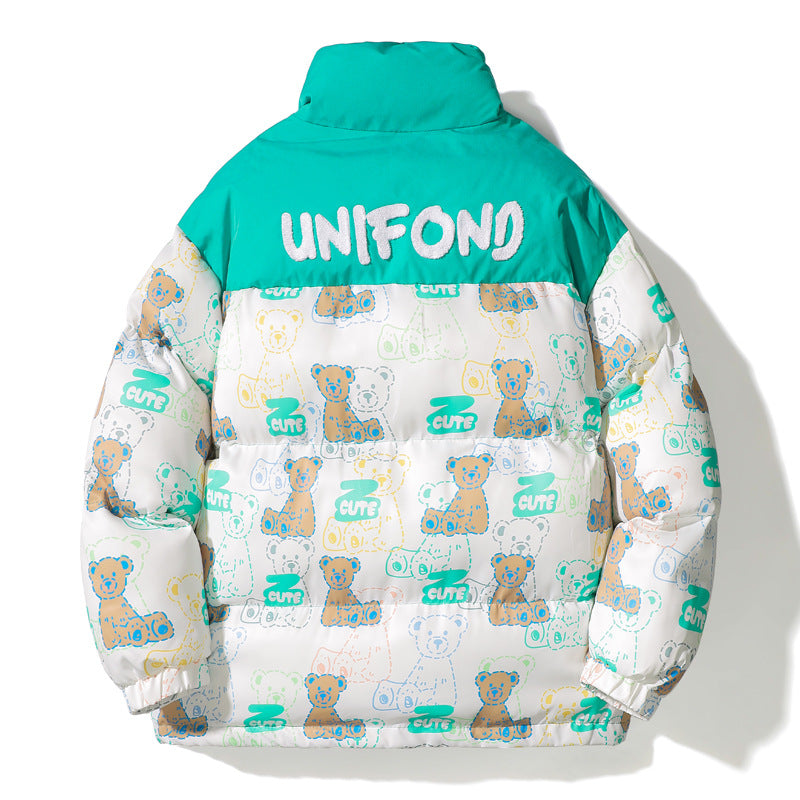 Unisex Quilted Teddy-Print Puffer Jacket with High Collar Chichicherry
