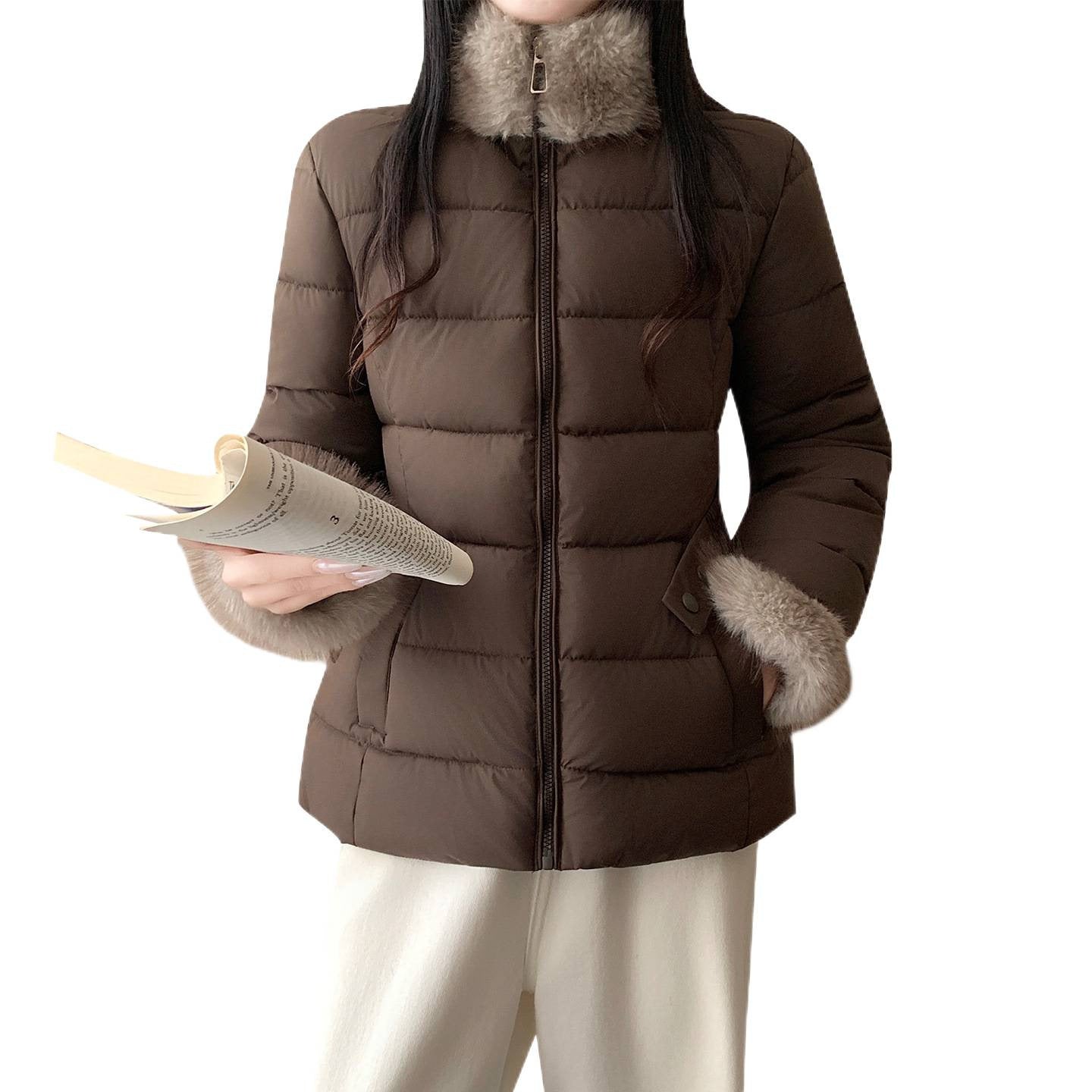 Women nan tailored thermal short jacket with elastic waist belt, faux fur collar and faux fur cuffs Chichicherry