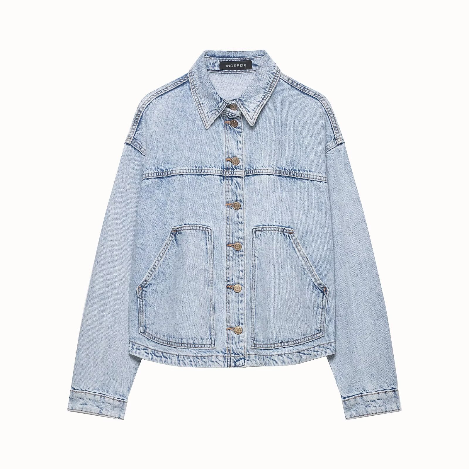 Women's Boxy Cropped Denim Work Jacket with Large Applied Front Pockets Chichicherry