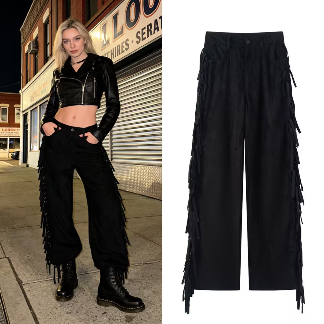 Women Wide High-Waist Flared Trousers with Side Fringes and Suede Look Chichicherry