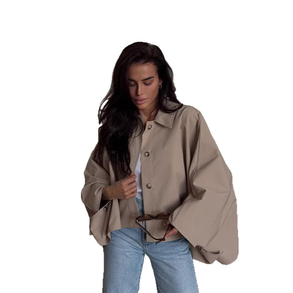 Women's Oversized Cropped Jacket with Voluminous Bat Sleeves and Shirt Collar Chichicherry
